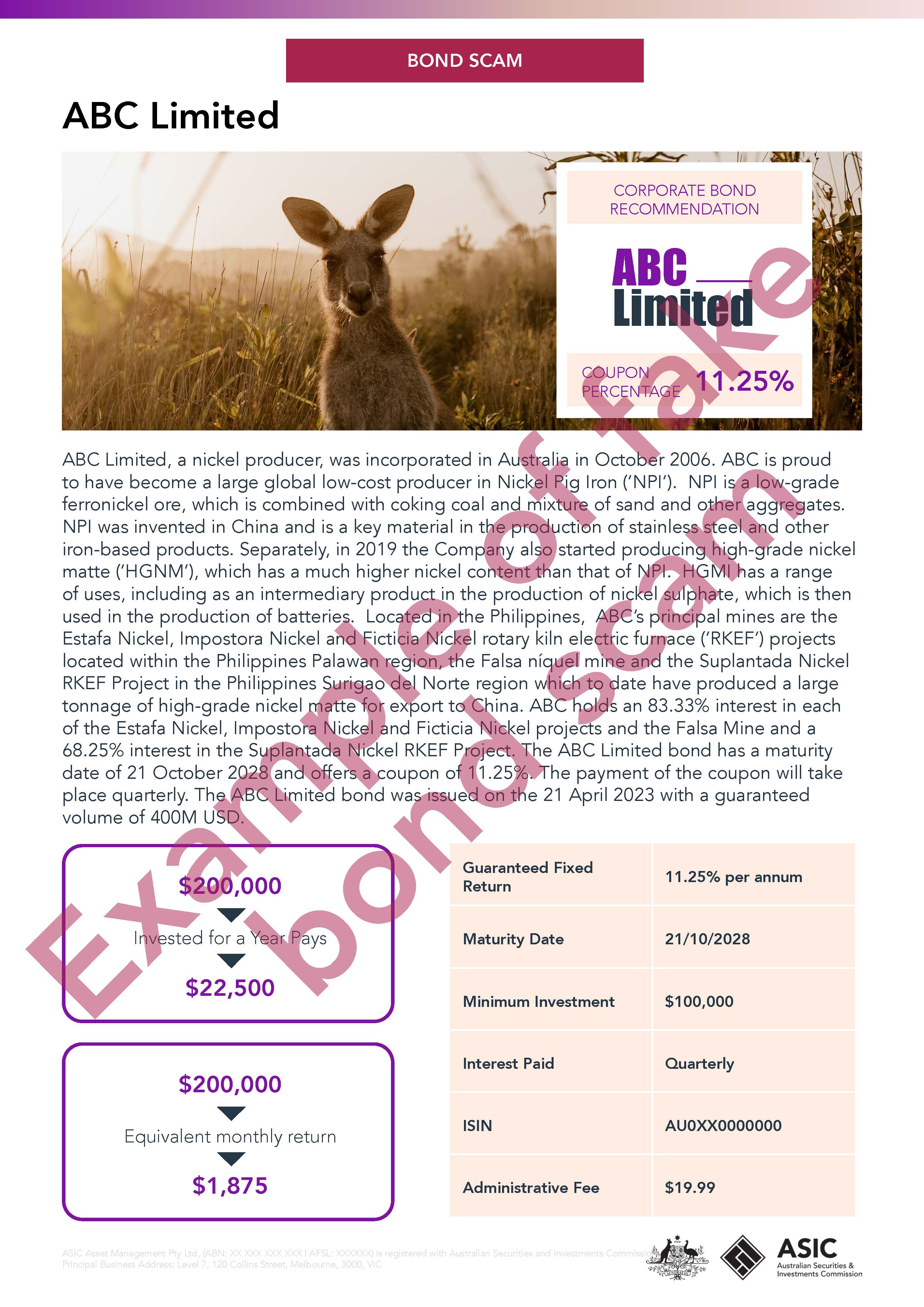 Example 3: Bond deposit scam – a fake investment document showing a corporate bond